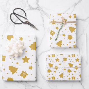 Elegant Gold Christmas Tree Holiday Stars Pattern Wrapping Paper Sheet