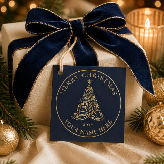 Elegant Gold Christmas Tree Navy Blue Holiday Gift Favour Tags
