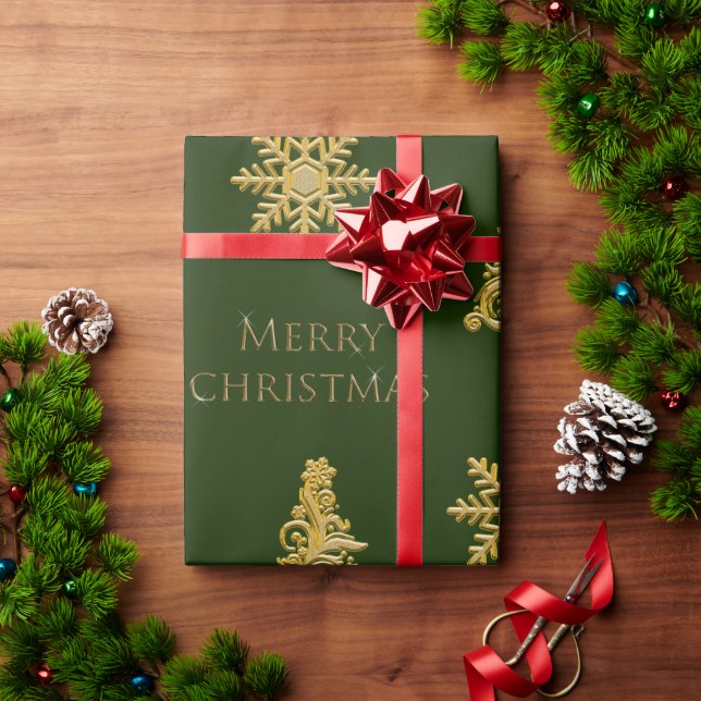 Elegant Gold Christmas Tree on Dark Green Wrapping Paper (Holiday Gift)