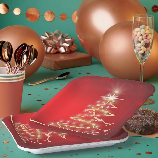 Elegant Gold Christmas Tree on Red  Paper Plate (Multi)