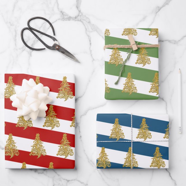 Elegant gold Christmas tree pattern striped Wrapping Paper Sheet (Front)