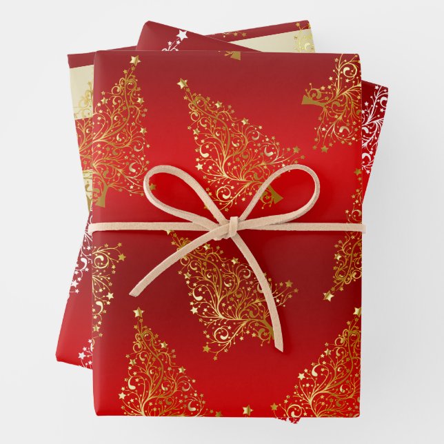 Elegant Gold Christmas Tree Pattern Wrapping Paper Sheet (In situ)