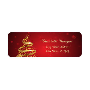 Elegant Gold Christmas Tree, Red Return Address Label