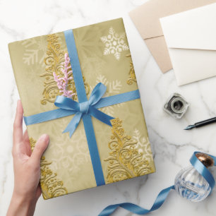 Elegant Gold Christmas Tree & Snowflake Pattern Wrapping Paper