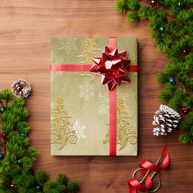 Elegant Gold Christmas Tree & Snowflake Pattern Wrapping Paper (Holiday Gift)