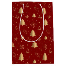 Elegant Gold Christmas Trees and Bells on Red