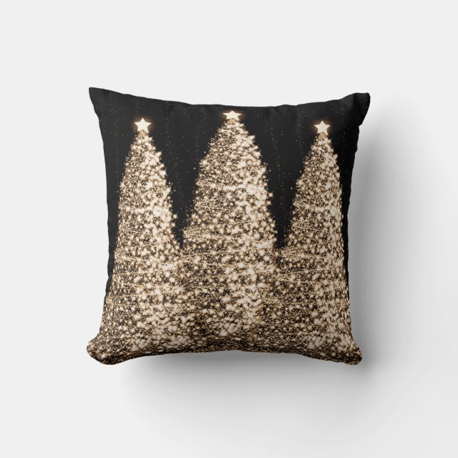 Elegant Gold Christmas Trees Black Cushion (Front)