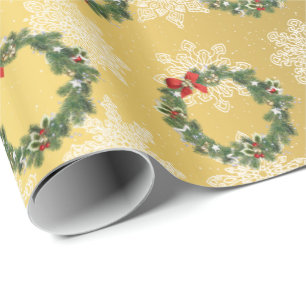 Elegant Gold Christmas Wreath & Snowflake Pattern Wrapping Paper