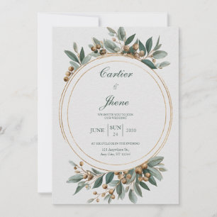 Elegant Gold Circle Frame Eucalyptus Berry Wedding Invitation