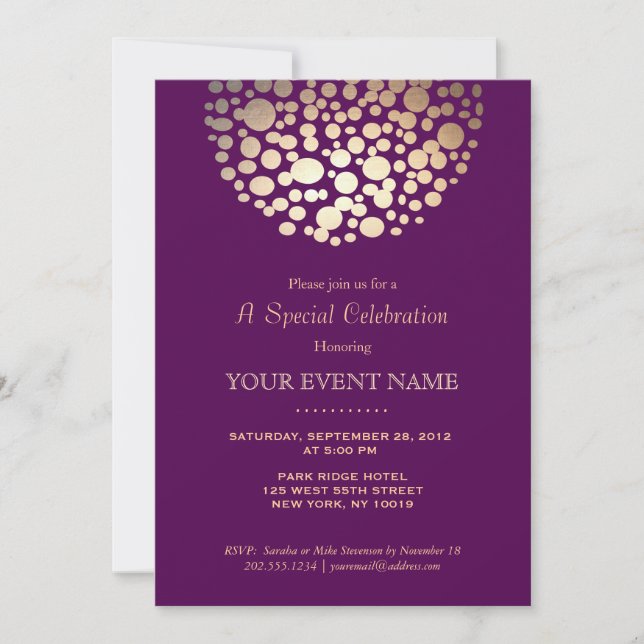 Elegant Gold Circle Sphere Purple Formal Invitation (Front)