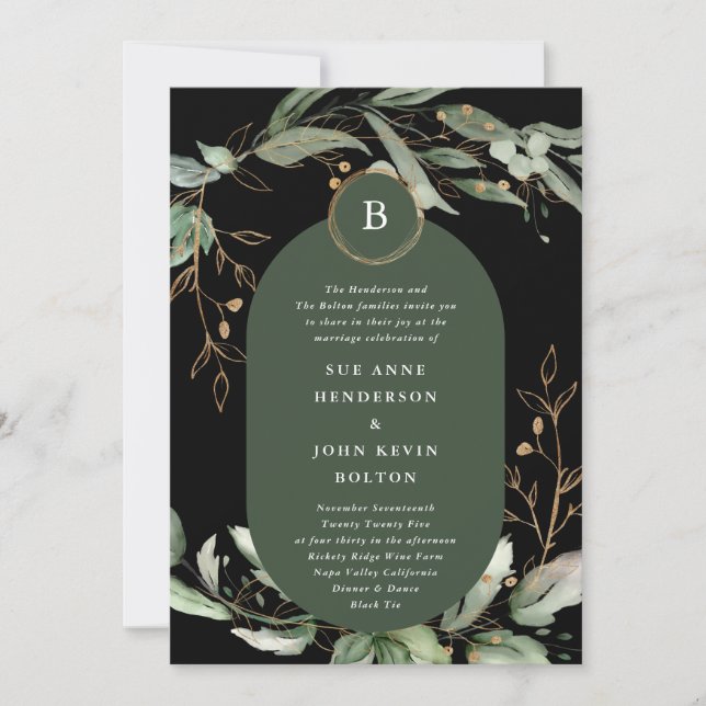 Elegant Gold Circles Eucalyptus Boho Moss Green Invitation (Front)