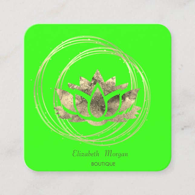  Elegant Gold Circles Gold Lotus Green Neon Square Business Card (Front)