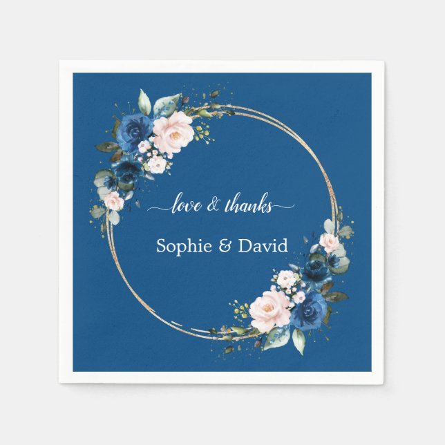 Elegant Gold Class Blue Pink Flowers Bloom Wedding Napkin (Front)