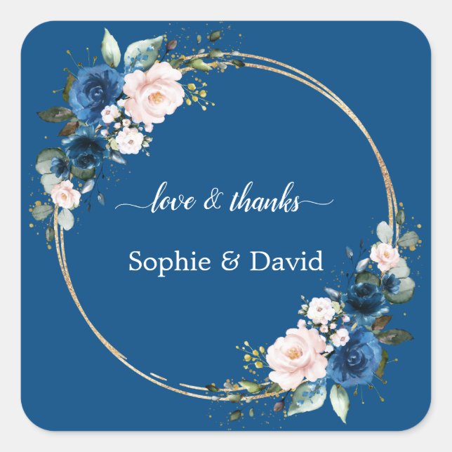 Elegant Gold Class Blue Pink Flowers Bloom Wedding Square Sticker (Front)