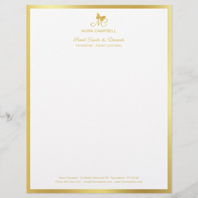 Elegant Gold Classic Butterfly Monogram Frame Custom Letterhead (Front)