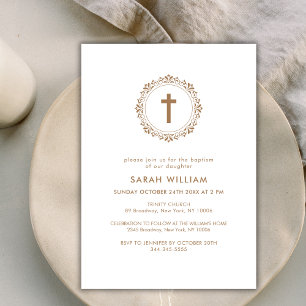 Elegant Gold Classic Cross Wreath Baptism  Invitation