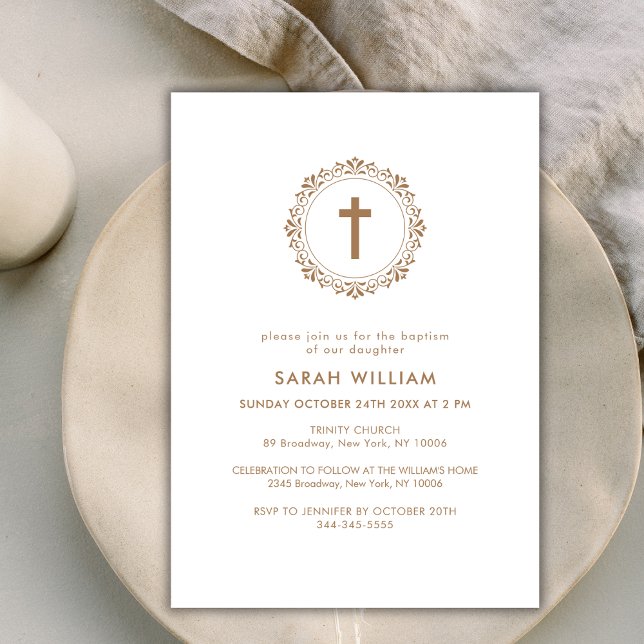 Elegant Gold Classic Cross Wreath Baptism  Invitation (Elegant Gold Classic Cross Wreath Baptism Invitation)