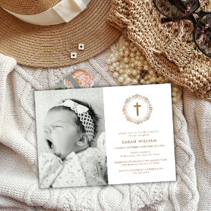 Elegant Gold Classic Photo Cross Wreath Baptism Invitation