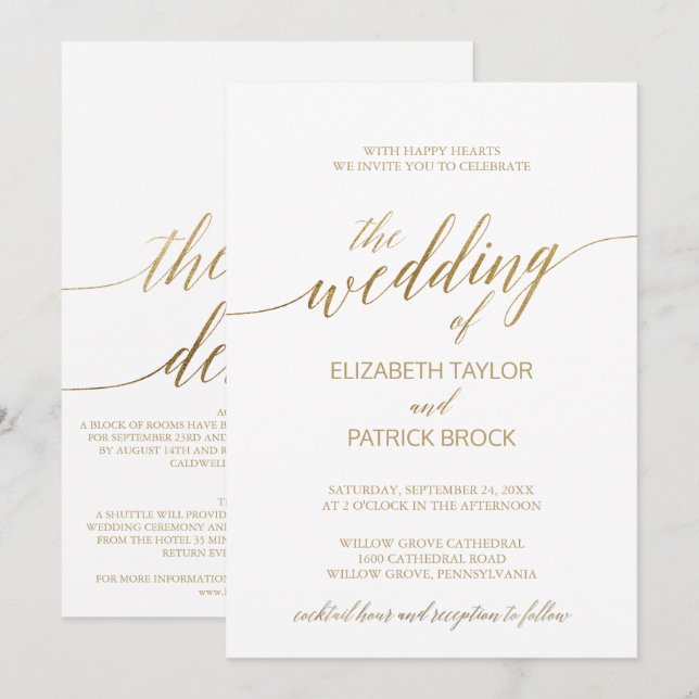Elegant Gold | Cocktail Hour and Details Wedding Invitation (Front/Back)