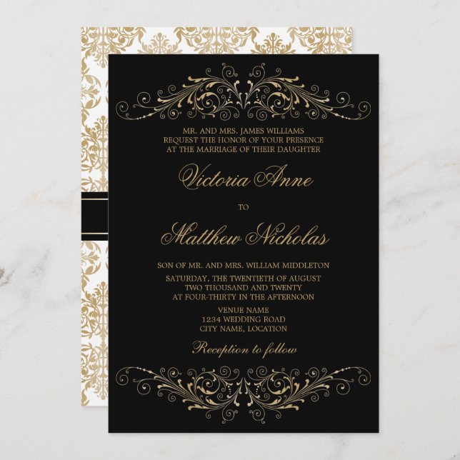 Elegant Gold Colour Flourish and Damask Invitation (Front/Back)