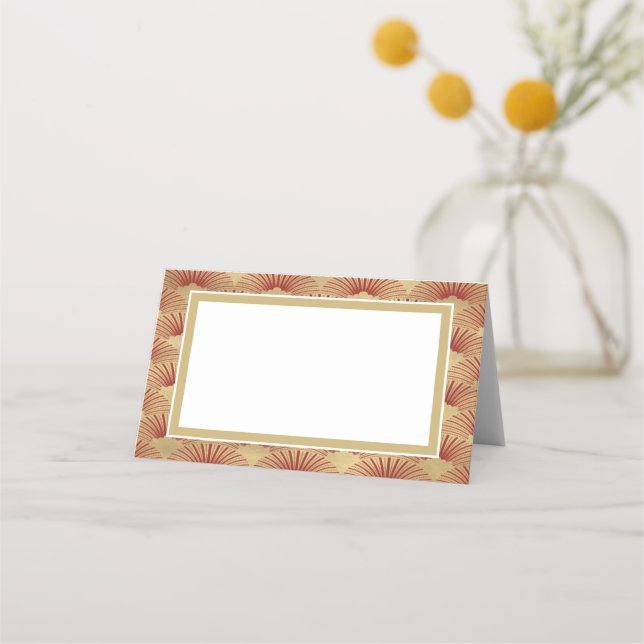 Elegant Gold Coloured Art Deco Red Fan Wedding Place Card (Front)