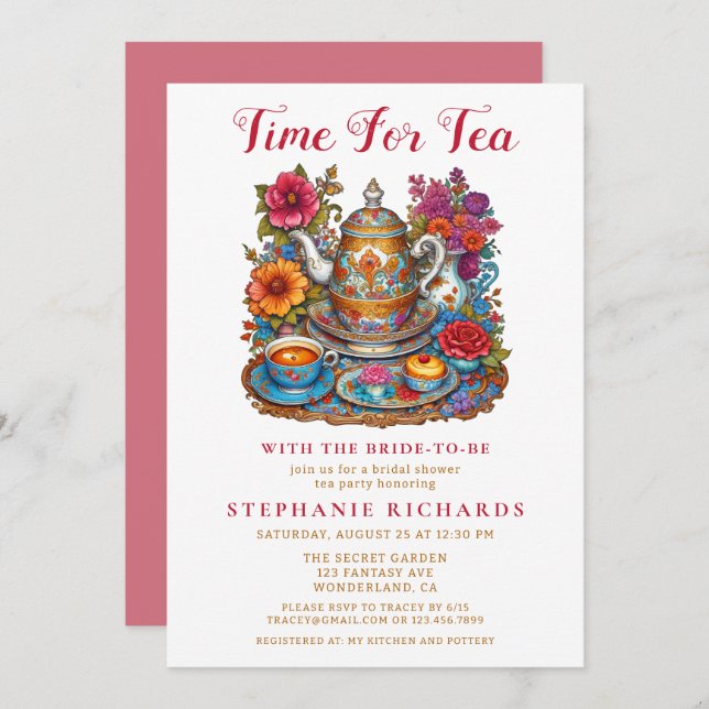Elegant Gold Colourful Floral Teapot Bridal Shower Invitation (Front/Back)