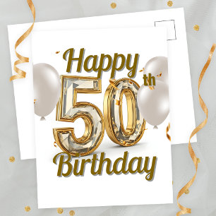 Elegant Gold Confetti and Balloons 50th Birthday Postcard