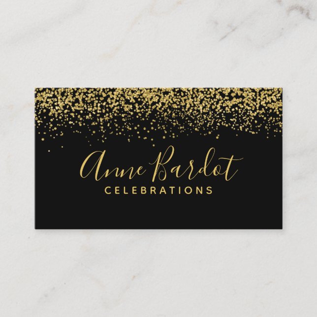 Elegant Gold Confetti & Black Professional Business Card (Front)