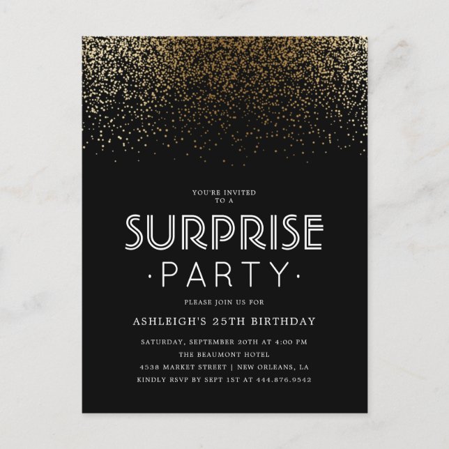 Elegant Gold Confetti & Black Surprise Party Invitation Postcard (Front)