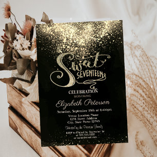 Elegant Gold Confetti,Black Sweet 17 Invitation
