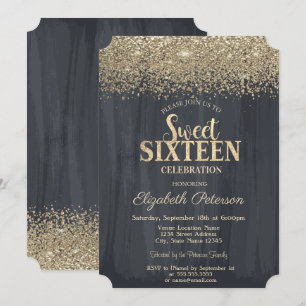 Elegant Gold Confetti Diamonds Black Sweet 16 Invitation