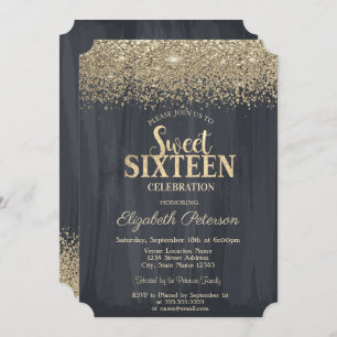 Elegant  Gold Confetti Diamonds Black  Sweet 16 Invitation