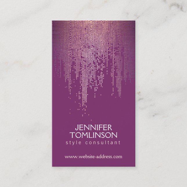 Elegant Gold Confetti Dots on Royal Purple Business Card (Front)