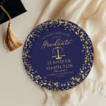 Elegant Gold Confetti Law School Graduation Blue Paper Plate<br><div class="desc">Make your 2025 graduation party unforgettable with this modern suite. Featuring gold confetti on a blue background and elegant calligraphy, it perfectly captures the brilliance of your success. The design can be tailored to meet your specific needs and preferences. Please reach out if you require any colour changes, design modifications,...</div>