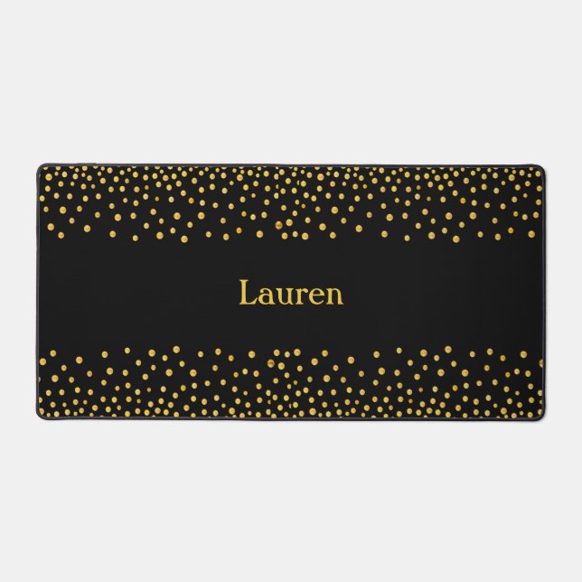 Elegant Gold Confetti on Black Personalised Desk Mat (Front)