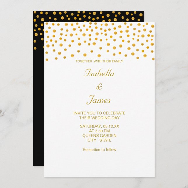 Elegant Gold Confetti on Black & White Invitation (Front/Back)