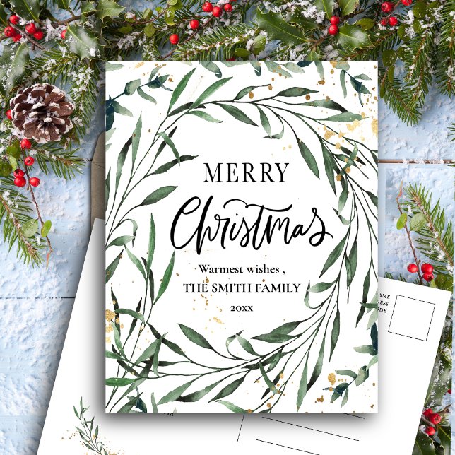 Elegant Gold Confetti Pine Foliage Greenery Script Holiday Postcard (Creator Uploaded)