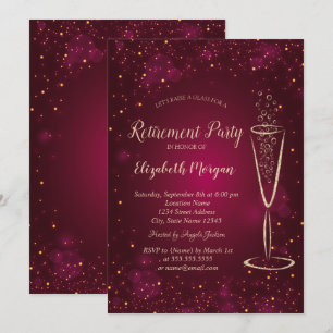 Elegant Gold Confetti Wine Glass Red Retirement Invitation