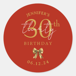 Elegant Gold Coquette Bow 30th Birthday Party Red Classic Round Sticker