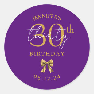 Elegant Gold Coquette Bow 30th Birthday Purple Classic Round Sticker