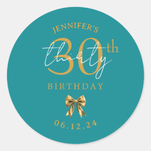 Elegant Gold Coquette Bow 30th Birthday Turquoise Classic Round Sticker