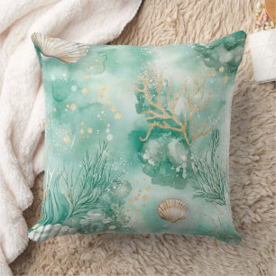 Elegant Gold Coral & Seashell Watercolor Art Cushion
