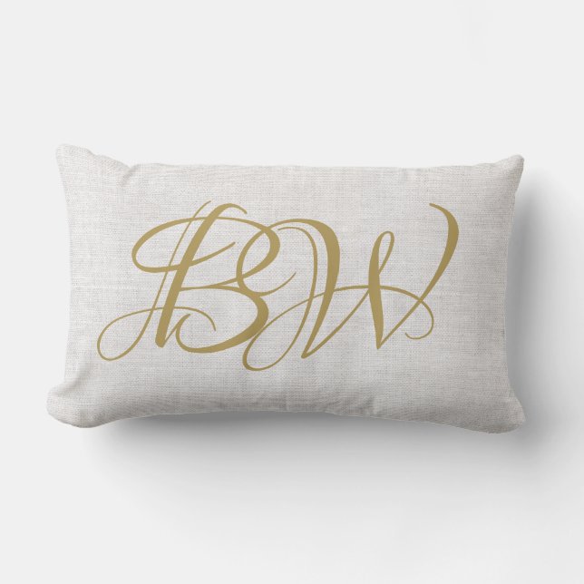 Elegant Gold Couples Monogram Initials White Linen Lumbar Cushion (Front)