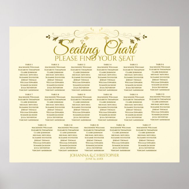 Elegant Gold Cream 17 Table Wedding Seating Chart (Front)