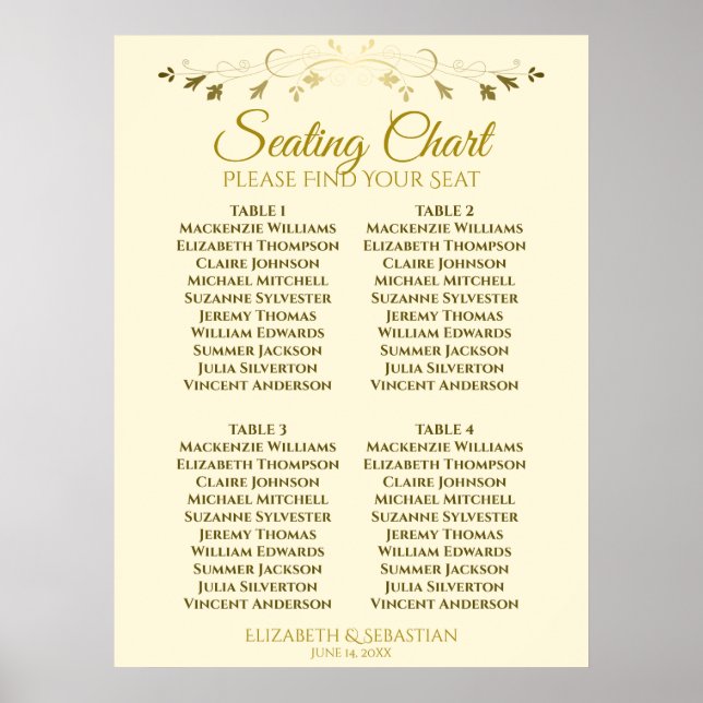 Elegant Gold & Cream 4 Table Wedding Seating Chart (Front)