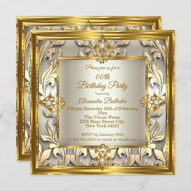 Elegant Gold Cream beige Damask Birthday Party Invitation (Front/Back)