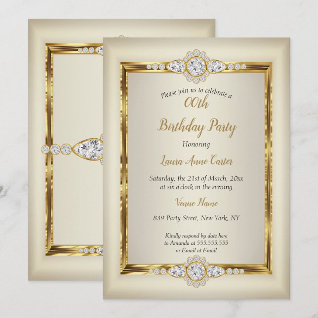 Elegant Gold Cream Diamond Birthday Party Invitation (Front/Back)