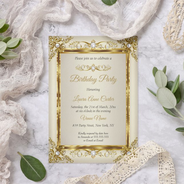 Elegant Gold Cream Pearl Damask Birthday Party Invitation (Creator Uploaded)