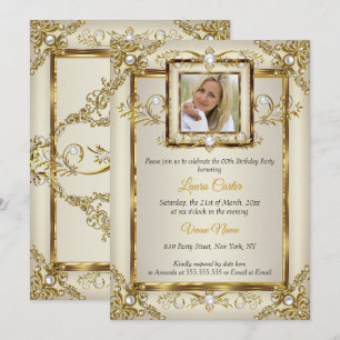 Elegant Gold Cream Pearl Damask Photo Birthday Invitation