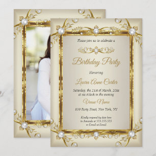 Elegant Gold Cream Pearl Photo Birthday Party Invitation